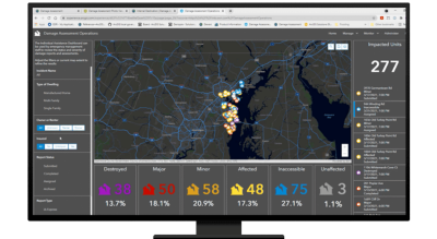 A desktop computer displaying a damage assessment operations web browser with a map showing effected home locations