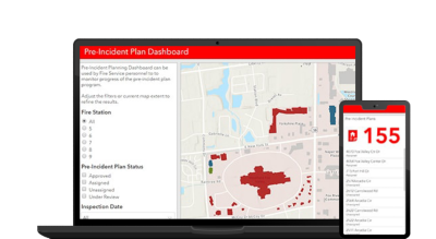 A graphic of a laptop monitor displaying a pre-incident plan dashboard, beside a mobile phone displaying coordinating data