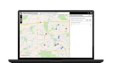 A graphic of a laptop monitor displaying an opioid treatment locator dashboard