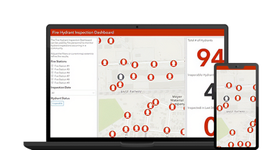 A graphic of a laptop monitor displaying a fire hydrant inspection dashboard, with a mobile phone displaying coordinating data