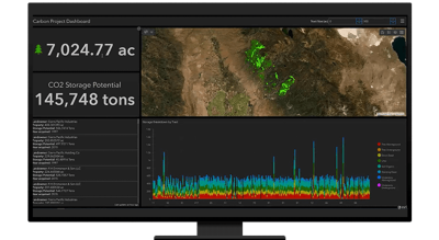 A graphic of a computer monitor displaying a map dashboard with an aerial forest photo, a multicolored graph, and several data points
