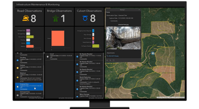 A graphic of a computer monitor displaying a map dashboard with a forest map and several different data tables