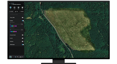 A graphic of a computer monitor displaying a forest contour map in dark green alongside a menu of analysis options