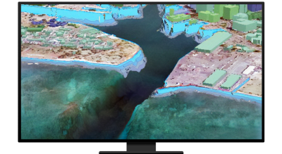 A monitor displaying a colorful 3D map of elevated land