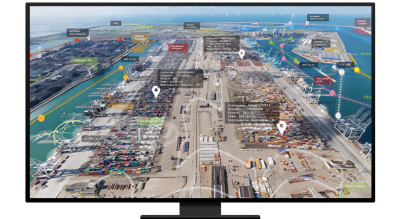 A shipping port overlayed with location icons, markers, and text