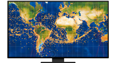A world map marked with lines and many small yellow dots