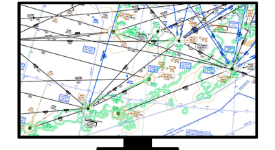 A graphic of a computer monitor displaying a map with sea navigation routes in black and blue on a white background