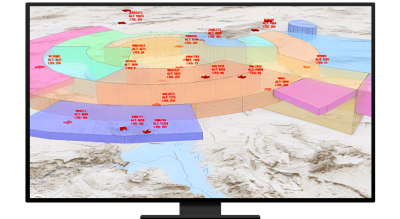 A graphic of a computer monitor displaying sea navigational data in many colors over a beige seafloor contour map