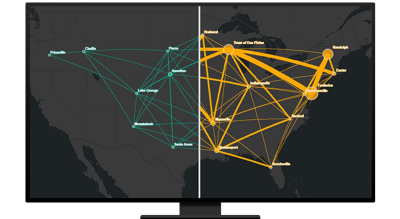 A graphic of a computer monitor displaying a connection map of North America in gray, green, and yellow