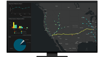 A graphic of a computer monitor displaying a road route map in gray and yellow, a line chart, a bar graph, and a pie chart