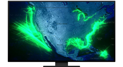 Graphic of a computer monitor displaying a contour map of North America in blue and green on a black background