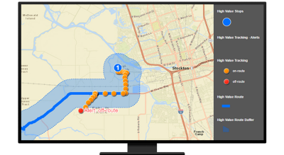 A graphic of a computer monitor displaying route points on a street map in yellow and blue on a beige background 