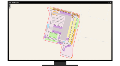 A graphic of a computer monitor displaying an indoor site map showing office locations in many colors on a beige background