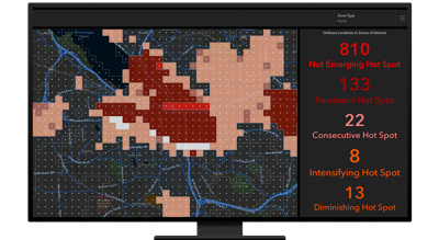 A graphic of a computer monitor displaying a dashboard with a heat map in red and pink with a list of hot spot data sets