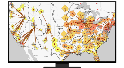 A graphic of a computer monitor displaying a connection map of North America in yellow and orange on a white background