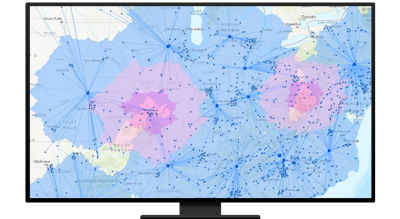 A graphic of a computer monitor displaying a connection map in blue and purple on a white background