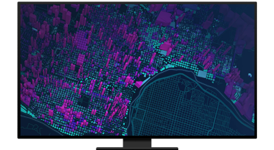 A graphic of a computer monitor displaying a 3D analysis map in purple, green, and pink on a black background
