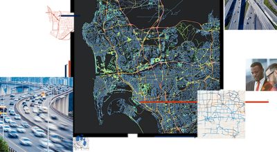 A central traffic density map surrounded by images of highways and executives