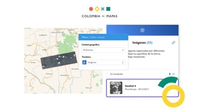 Colombia en mapas atlas with two dialogue boxes to select geographic region and its images for download