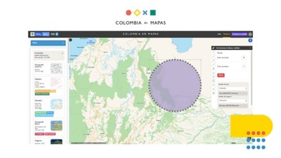 Columbia en mapas atlas with two dialogue boxes to select a region and a toolbox with draw and measure tools