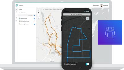 A mobile device shows options for device and map layer settings next to a laptop display of a map and an icon of three people.