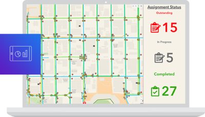 Graphic of a laptop screen displaying a map dashboard with a street map with routes highlighted in green and blue alongside a list of data points