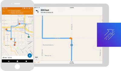 Graphic of a tablet and mobile phone both displaying coordinating street map data