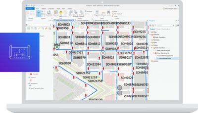 Graphic of a laptop screen displaying the layout of an office complex alongside legends of analysis options