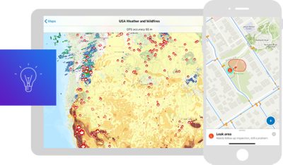 Graphic of a tablet and a mobile phone both displaying coordinating wildfire risk maps