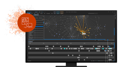 A computer monitor showing a flow chart with boxes connected by lines and a topographic map with round scattered round icons