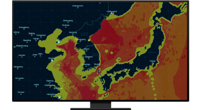 Map of China, South Korea, North Korea, & Japan with shaded areas.